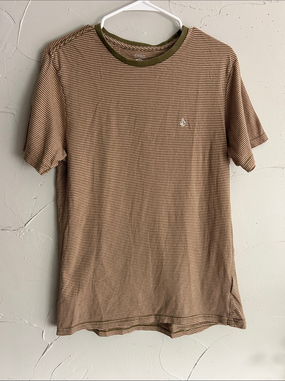 Volcom Brown Thin-Striped Short Sleeve Tee with Olive Trim